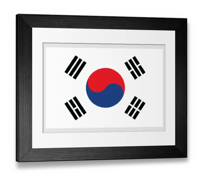 Framed Print : Illustration of national flag and civil ensign of South Korea, with red and blue taegeuk in centre, and four black trigrams in each corner on white field Framed Print : Illustration of national flag and civil ensign of South Korea, with red and blue taegeuk in centre, and four black trigrams in each corner on white field