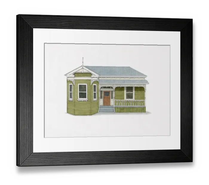 Framed Print : Illustration of bay fronted villa, a standard domestic house in 1900s New Zealand Framed Print : Illustration of bay fronted villa, a standard domestic house in 1900s New Zealand