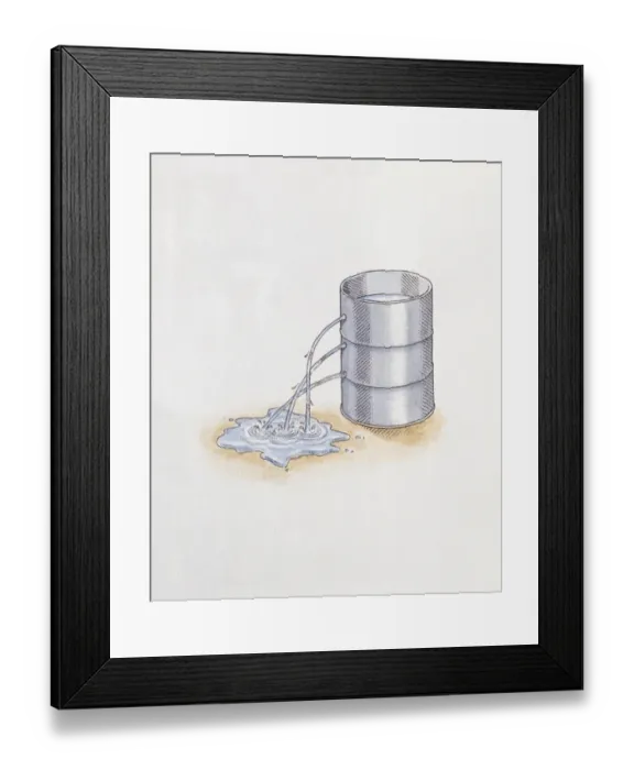 Framed Print : Illustration of water flowing from holes in metal barrel at different heights demonstrating hydrostatic pressure Framed Print : Illustration of water flowing from holes in metal barrel at different heights demonstrating hydrostatic pressure