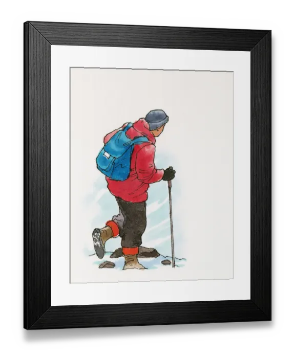 Framed Print : Illustration of man hiking across extreme terrain in snow Framed Print : Illustration of man hiking across extreme terrain in snow