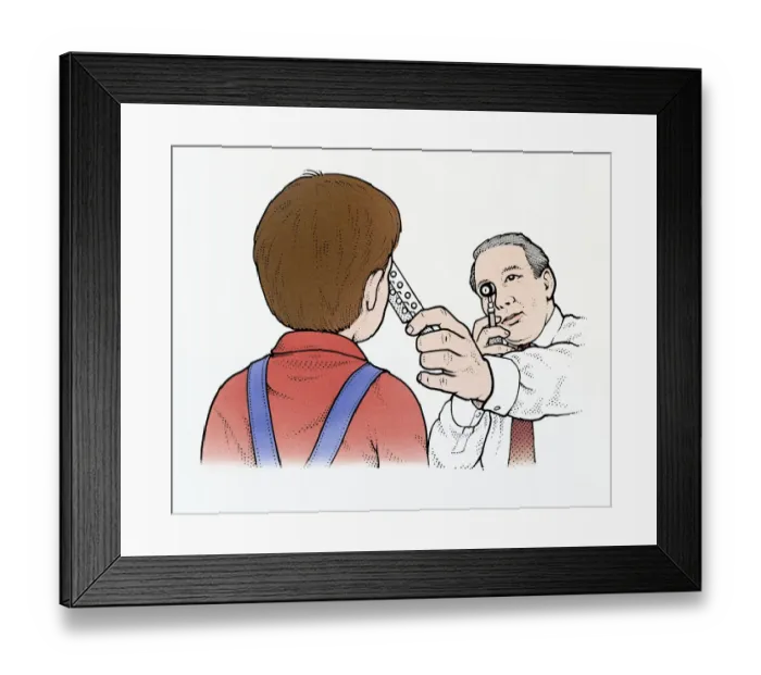 Framed Print : Illustration of optician looking at boys eye through ophthalmoscope Framed Print : Illustration of optician looking at boys eye through ophthalmoscope