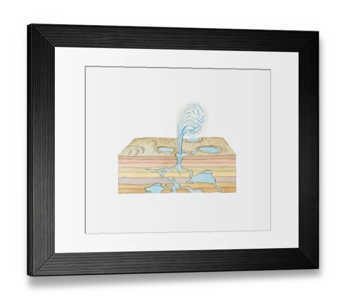 Framed Print : Illustration of a geyser in showing rock strata below Framed Print : Illustration of a geyser in showing rock strata below