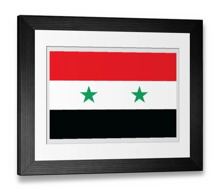 Framed Print : Illustration of flag of Syria, a horizontally striped red, white and black tricolor with two green five-pointed stars in center of white stripe Framed Print : Illustration of flag of Syria, a horizontally striped red, white and black tricolor with two green five-pointed stars in center of white stripe