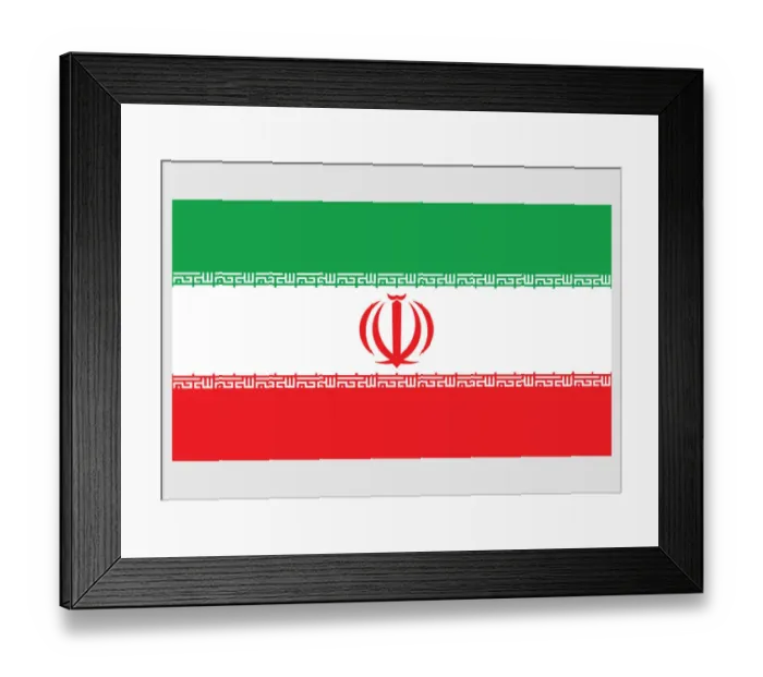 Framed Print : Illustration of flag of Iran, a horizontal tricolour of red, white, and green with red emblem of Iran in centre, and takbir written in white in Kufic script on fringe of both green and red bands Framed Print : Illustration of flag of Iran, a horizontal tricolour of red, white, and green with red emblem of Iran in centre, and takbir written in white in Kufic script on fringe of both green and red bands