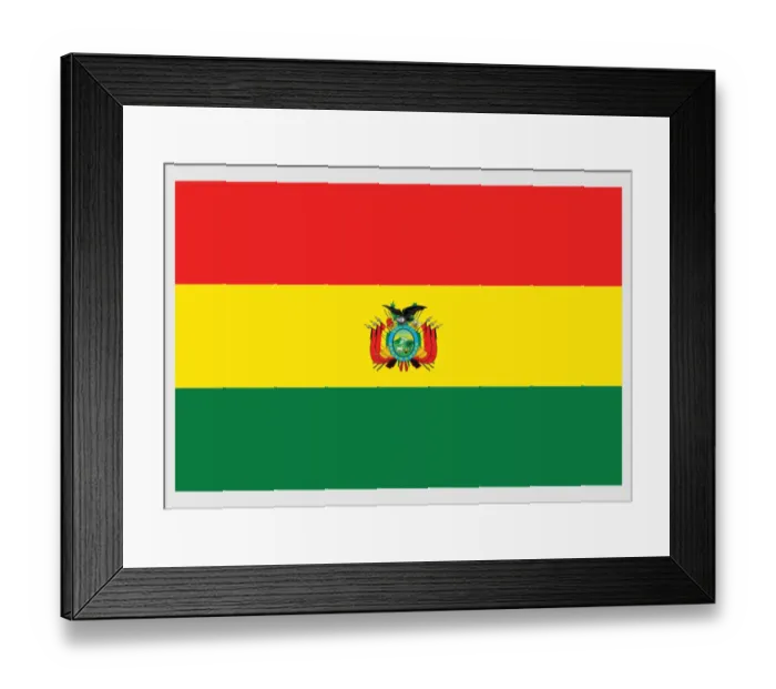 Framed Print : Illustration of civil flag and ensign of Bolivia, a horizontal tricolor of red, yellow, and green with Bolivian coat of arms in centre Framed Print : Illustration of civil flag and ensign of Bolivia, a horizontal tricolor of red, yellow, and green with Bolivian coat of arms in centre