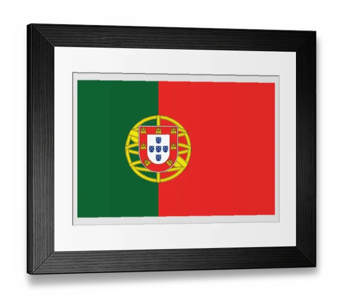 Framed Print : Illustration of flag of Portugal, a vertically striped bicolor with unequally divided green and red field, and national coat of arms at centre