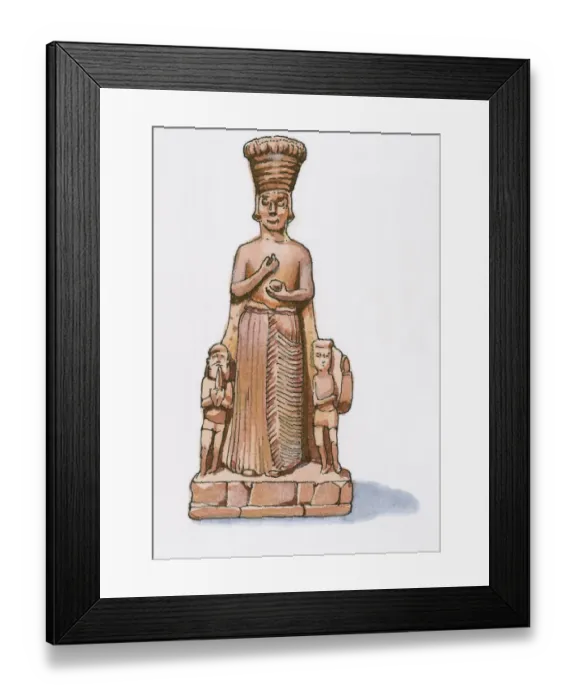 Framed Print : Illustration of Anatolian figurine flanked by two smaller figures playing harp and flute, from Bogozkale, former capital city of Hitite kingdom Framed Print : Illustration of Anatolian figurine flanked by two smaller figures playing harp and flute, from Bogozkale, former capital city of Hitite kingdom