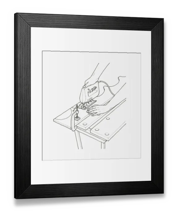 Framed Print : Black and white illustration of man using jig saw to cut shapes in wood Framed Print : Black and white illustration of man using jig saw to cut shapes in wood