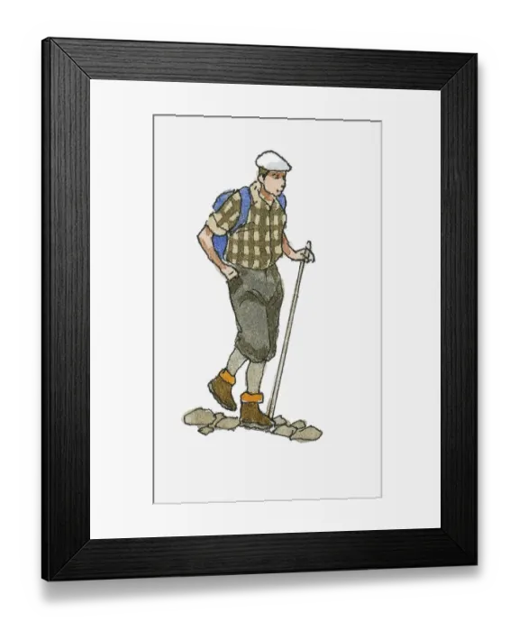 Framed Print : Illustration of man hill walking holding hiking pole Framed Print : Illustration of man hill walking holding hiking pole