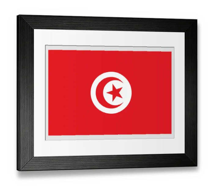 Framed Print : Illustration of flag of Tunisia, a red field with white circle in middle containing red crescent around five-pointed star Framed Print : Illustration of flag of Tunisia, a red field with white circle in middle containing red crescent around five-pointed star