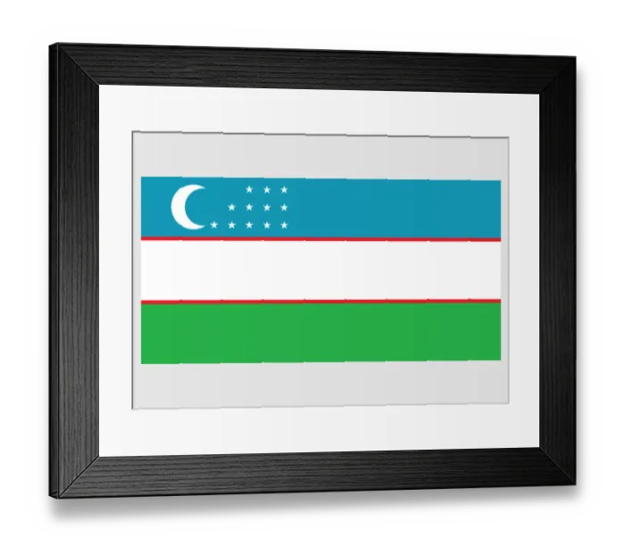 Framed Print : Illustration of flag of Uzbekistan, with horizontal blue, white and green bands, red stripes bordering white field, crescent and 12 stars on blue band Framed Print : Illustration of flag of Uzbekistan, with horizontal blue, white and green bands, red stripes bordering white field, crescent and 12 stars on blue band