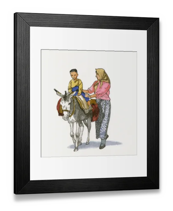 Framed Print : Illustration of woman walking with child riding donkey in Western Anatolia