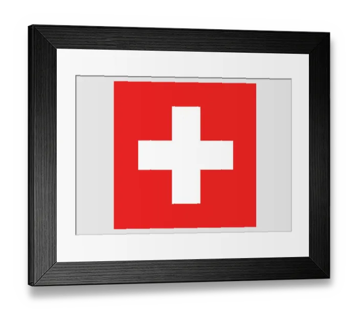 Framed Print : Illustration of flag of Switzerland, with equilateral white cross in centre of red, square field Framed Print : Illustration of flag of Switzerland, with equilateral white cross in centre of red, square field