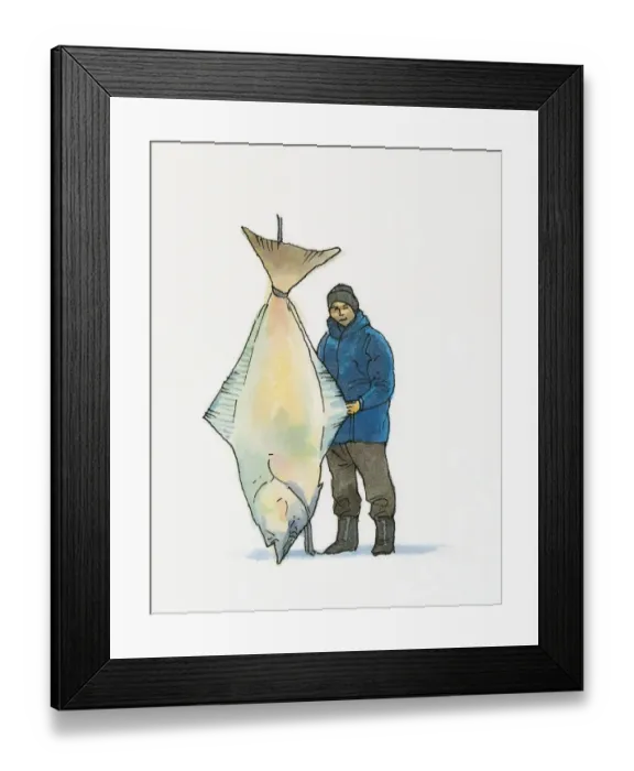 Framed Print : Illustration of man holding European Turbot (Psetta maxima) caught in Black Sea region of Turkey Framed Print : Illustration of man holding European Turbot (Psetta maxima) caught in Black Sea region of Turkey