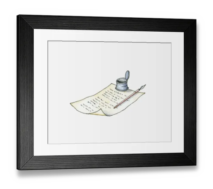 Framed Print : Illustration of ink well and pen on handwritten document Framed Print : Illustration of ink well and pen on handwritten document
