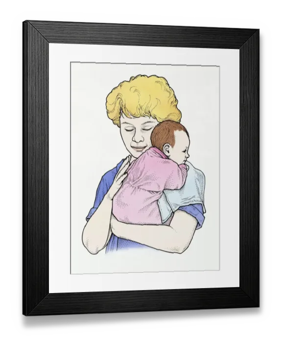 Framed Print : Illustration of mother gently winding baby Framed Print : Illustration of mother gently winding baby