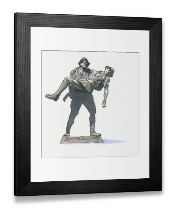 Framed Print : Black and white llustration of Mehmetcik Memorial, showing Turkish Soldier carrying an Australian Soldier, Gallipoli Framed Print : Black and white llustration of Mehmetcik Memorial, showing Turkish Soldier carrying an Australian Soldier, Gallipoli