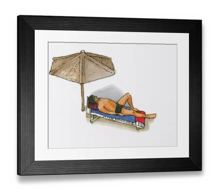 Framed Print : Illustration of man sunbathing on sun lounger under partial shade of umbrella Framed Print : Illustration of man sunbathing on sun lounger under partial shade of umbrella