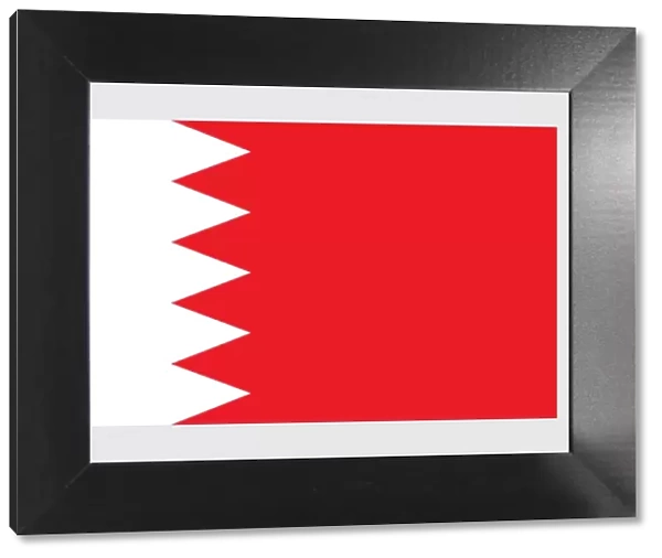 Illustration of national flag of Bahrain, with white band on left, separated from red field by five triangles in serrated line