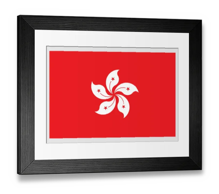 Framed Print : Illustration of Regional Flag of the Hong Kong Special Administrative Region, with red field, and white Bauhinia blakeana flower in center with five-pointed star on each petal Framed Print : Illustration of Regional Flag of the Hong Kong Special Administrative Region, with red field, and white Bauhinia blakeana flower in center with five-pointed star on each petal