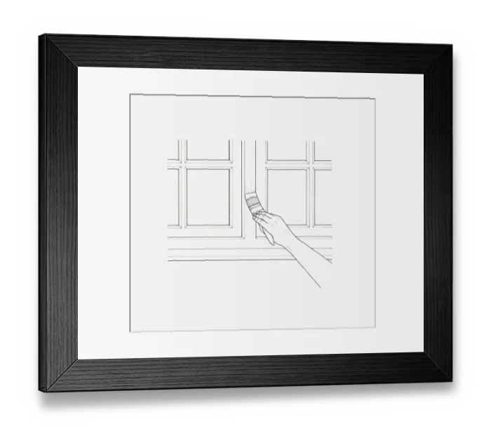 Framed Print : Black and white illustration showing hand holding paintbrush applying paint to window frame Framed Print : Black and white illustration showing hand holding paintbrush applying paint to window frame