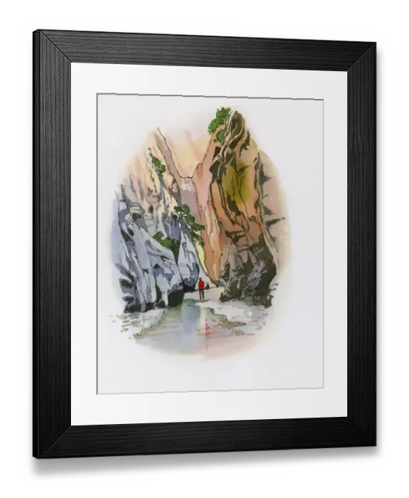 Framed Print : Illustration of of man standing at waters edge in ravine near Gocek Framed Print : Illustration of of man standing at waters edge in ravine near Gocek