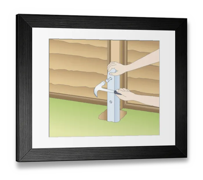 Framed Print : Illustration of using claw hammer to mark fixing holes in fence spur and wood post Framed Print : Illustration of using claw hammer to mark fixing holes in fence spur and wood post