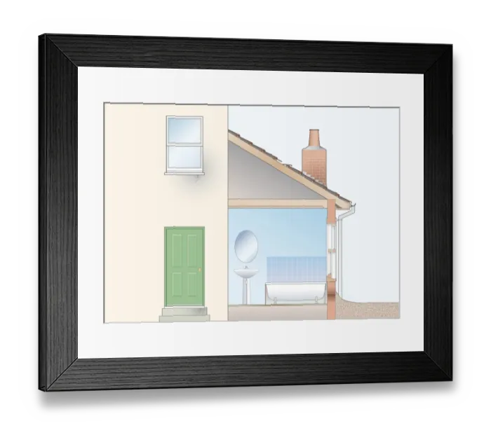 Framed Print : Cross section digital illustration of house showing potential trouble spots where damp usually occurs Framed Print : Cross section digital illustration of house showing potential trouble spots where damp usually occurs