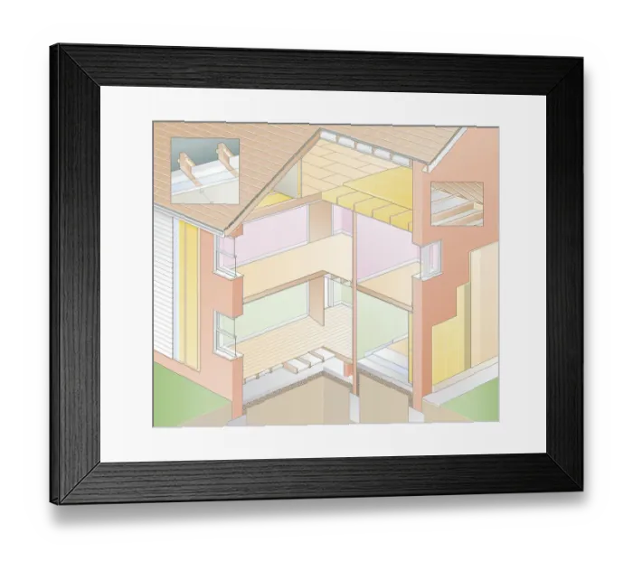 Framed Print : Cross section digital illustration showing key areas to insulate around house Framed Print : Cross section digital illustration showing key areas to insulate around house