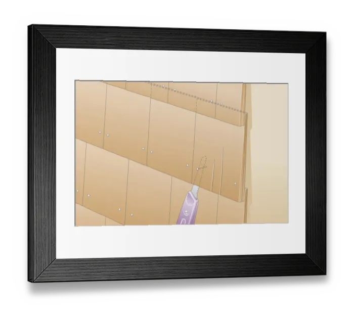 Framed Print : Digital illustration of hacksaw blade cutting through nail on damaged shingle roof tile