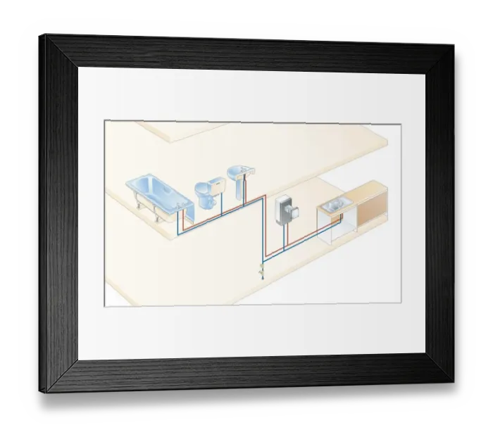 Framed Print : Digital illustration of indirect water system connected to bathroom, kitchen, and heating boiler Framed Print : Digital illustration of indirect water system connected to bathroom, kitchen, and heating boiler