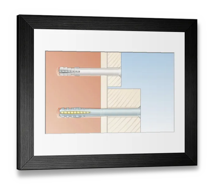 Framed Print : Cross section digital Illustration of hammer-in and screw-in frame fixings in wall through timber