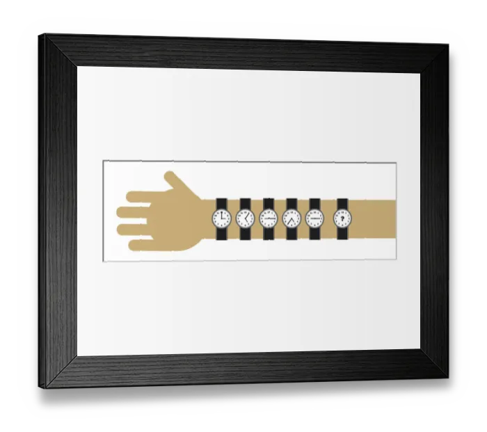Framed Print : Digital cartoon of six watches on wrist and arm showing different times and question mark Framed Print : Digital cartoon of six watches on wrist and arm showing different times and question mark