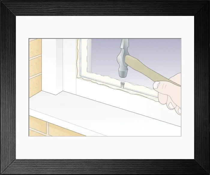 Framed Print : Digital Illustration of using hammer to tap glazing sprig in to putty surrounding new glass in window Framed Print : Digital Illustration of using hammer to tap glazing sprig in to putty surrounding new glass in window