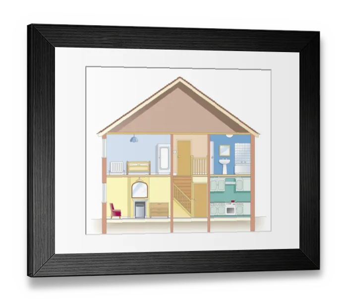 Framed Print : Cross section digital illustration showing places in house most at risk from condensation Framed Print : Cross section digital illustration showing places in house most at risk from condensation