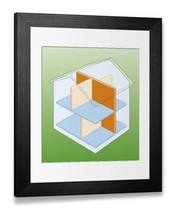 Framed Print : Cross section digital illustration of loadbearing and partition walls inside house Framed Print : Cross section digital illustration of loadbearing and partition walls inside house