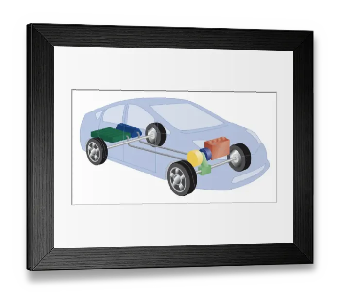 Framed Print : Cross section digital illustration of hybrid car showing power split unit, electric motor, generator starter, battery and petrol tank Framed Print : Cross section digital illustration of hybrid car showing power split unit, electric motor, generator starter, battery and petrol tank