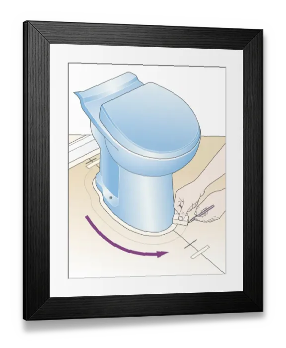 Framed Print : Digital illustration of scribing on paper template at base of toilet using pencil and wood block Framed Print : Digital illustration of scribing on paper template at base of toilet using pencil and wood block