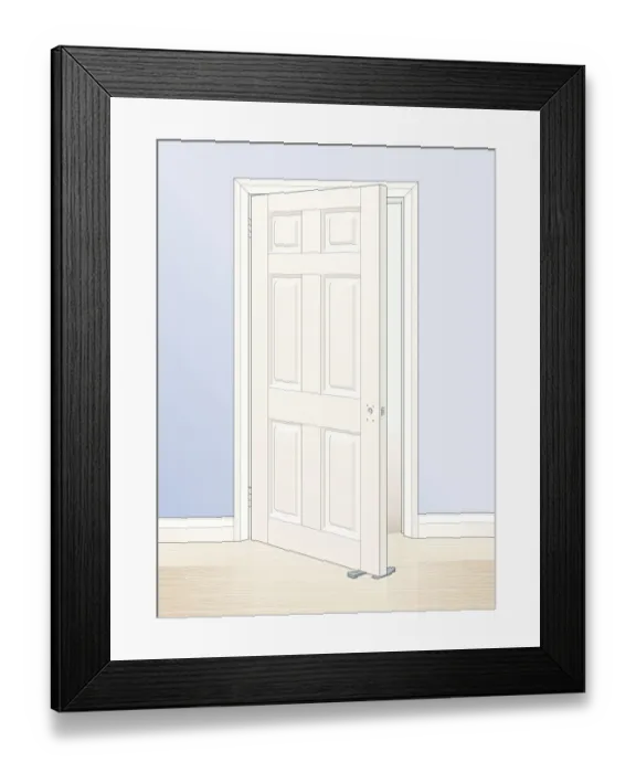 Framed Print : Digital illustration of white-painted panel door wedged open with wood Framed Print : Digital illustration of white-painted panel door wedged open with wood