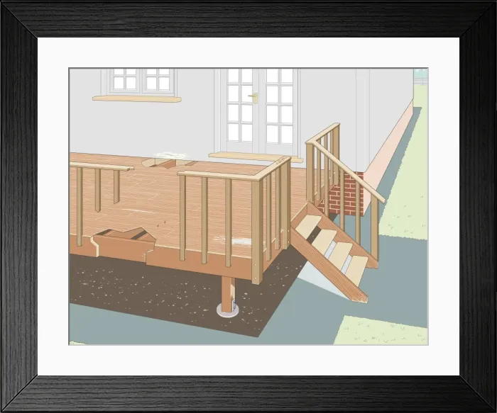 Framed Print : Digital Illustration showing areas of rot in joists, wooden post, and steps of neglected decking Framed Print : Digital Illustration showing areas of rot in joists, wooden post, and steps of neglected decking