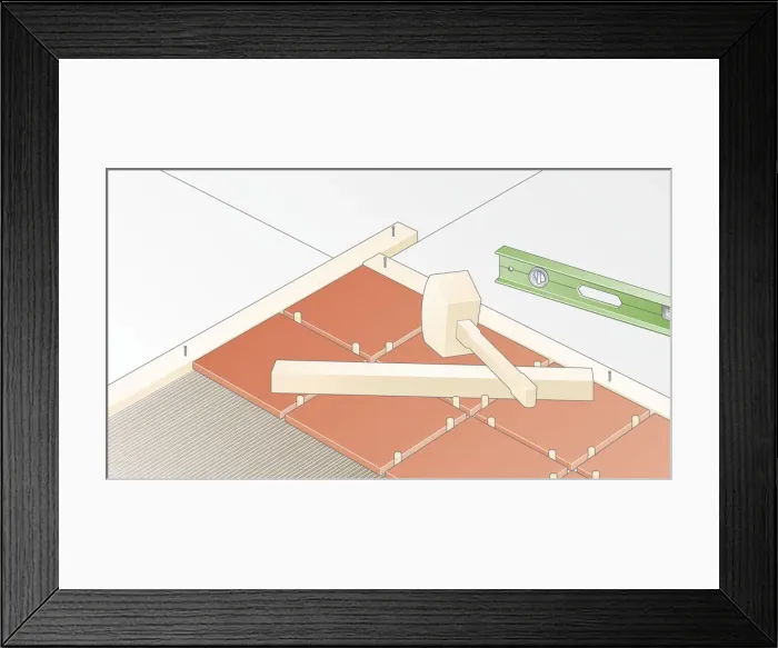 Framed Print : Digital Illustration of spaced quarry tiles embedded in cement-based adhesive, and wood block, mallet, and spirit level Framed Print : Digital Illustration of spaced quarry tiles embedded in cement-based adhesive, and wood block, mallet, and spirit level