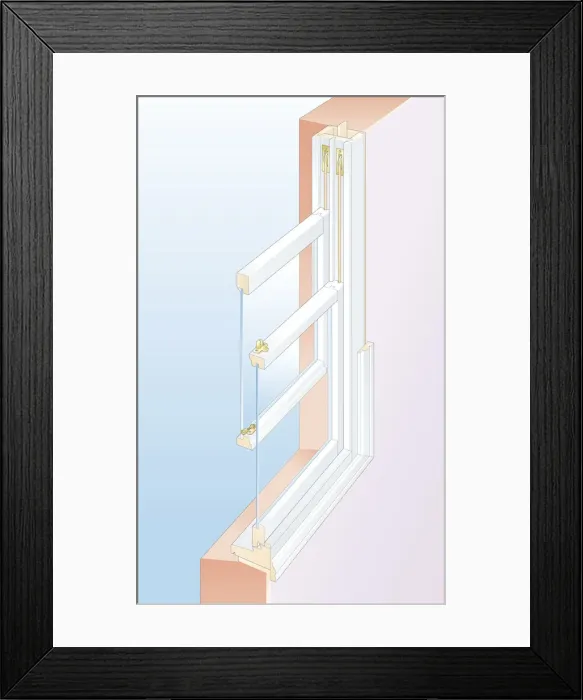 Framed Print : Digital cross section illustration showing inner and outer sash, sill, pulley stile, architrave, sash cord, glass, parting and staff beads of sash window
