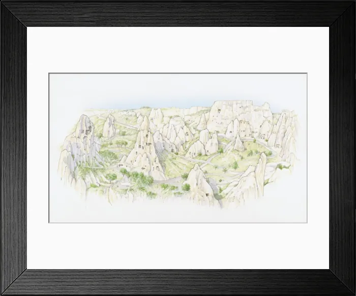 Framed Print : Illustration of fairy chimney rock formations in valley, Goreme National Park Framed Print : Illustration of fairy chimney rock formations in valley, Goreme National Park