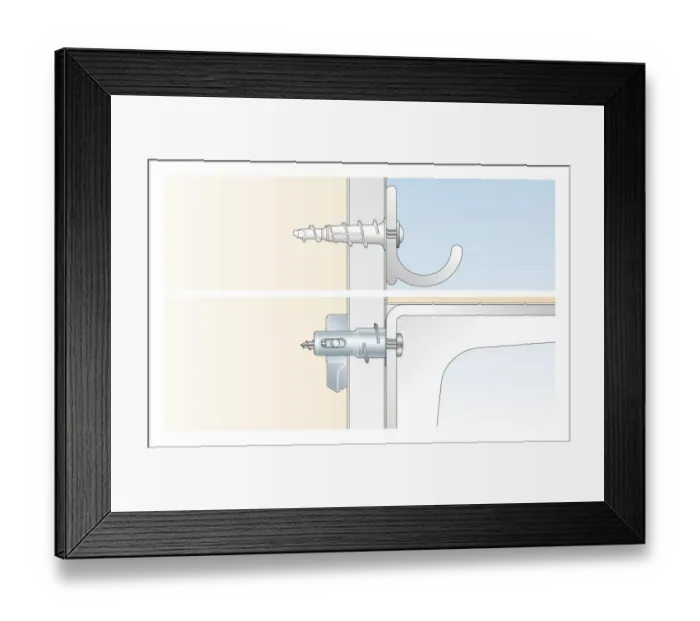 Framed Print : Cross section digital Illustration OF drive-in fixing, and metal toggle fixing inserted in wall Framed Print : Cross section digital Illustration OF drive-in fixing, and metal toggle fixing inserted in wall