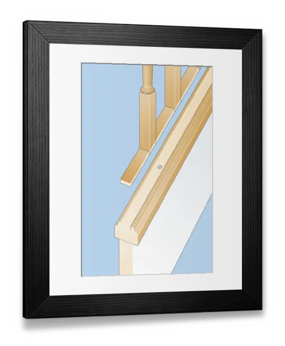Framed Print : Digital illustration showing balusters sitting in banister, and grooved string on closed-string staircase Framed Print : Digital illustration showing balusters sitting in banister, and grooved string on closed-string staircase