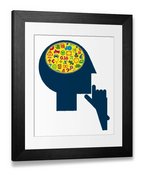 Framed Print : Digital illustration of signs and symbols inside head representing different areas of the human brain Framed Print : Digital illustration of signs and symbols inside head representing different areas of the human brain