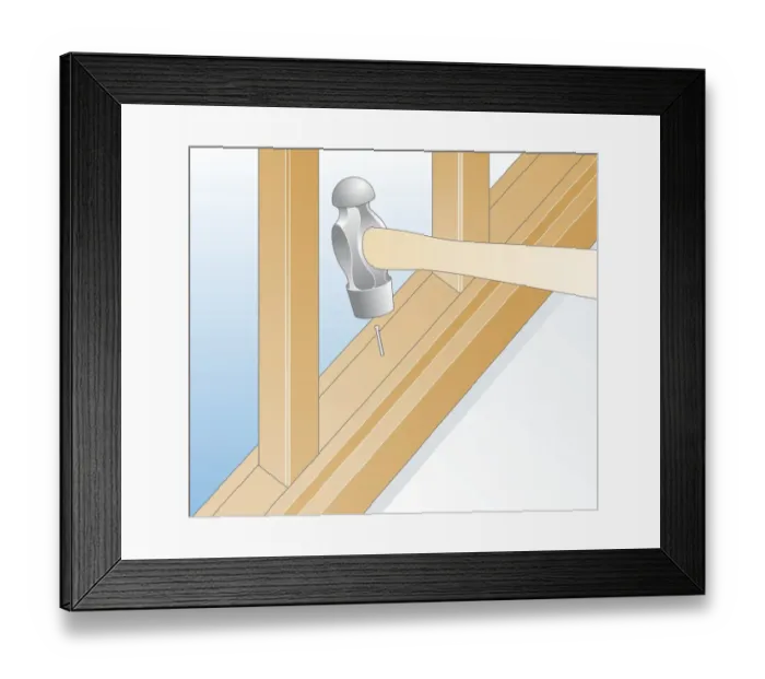 Framed Print : Digital illustration of using hammer to nail spacer in place between balusters Framed Print : Digital illustration of using hammer to nail spacer in place between balusters