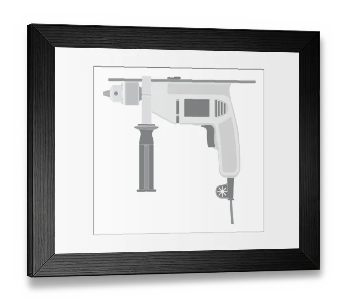 Framed Print : Black and white digital illustration of hammer drill