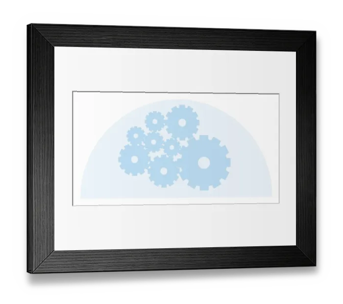Framed Print : Digital illustration of cogs in blue semi circle Framed Print : Digital illustration of cogs in blue semi circle