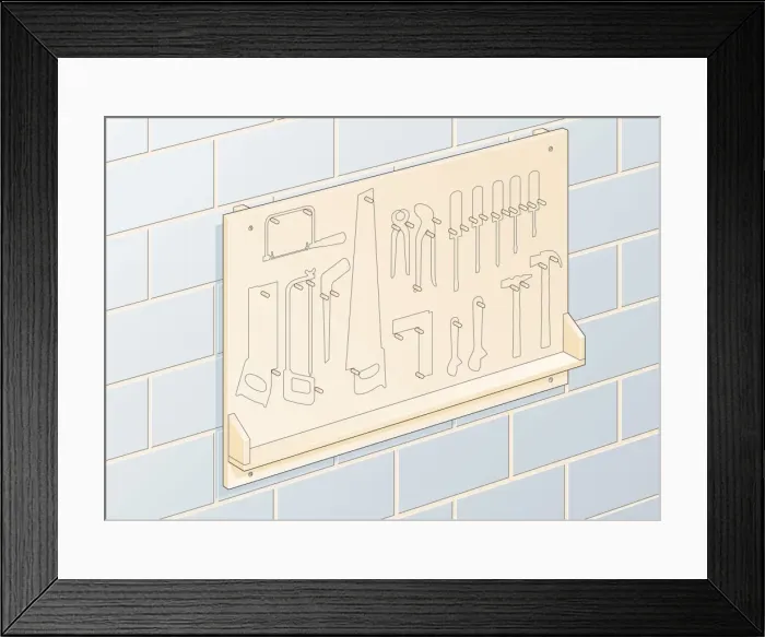Framed Print : Digital illustration of wall-mounted tool storage board with outlines Framed Print : Digital illustration of wall-mounted tool storage board with outlines
